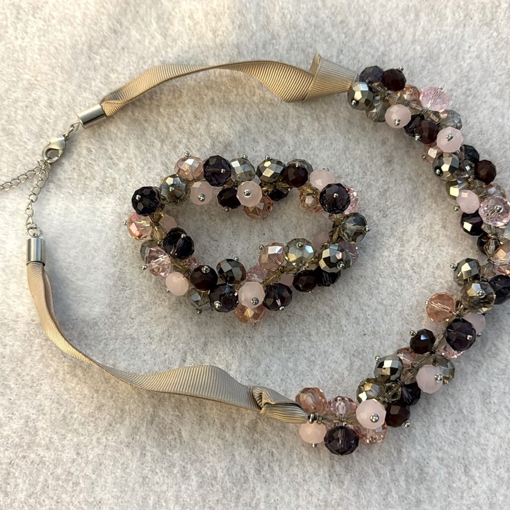 Purple, pink and champagne necklace and bracelet set